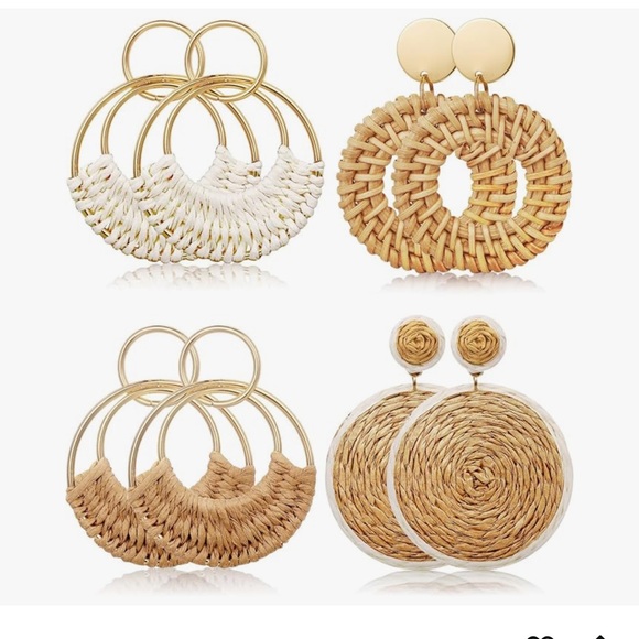 4 Pairs Handmade Raffia Rattan Bohemian Round Drop Dangle Earrings for Women - Picture 1 of 7